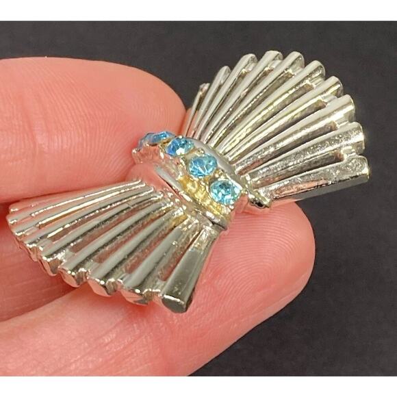 Vintage Mid-Century Wheat Sheaf Silver Tone Blue Rhinestone Brooch Pin - Picture 6 of 13